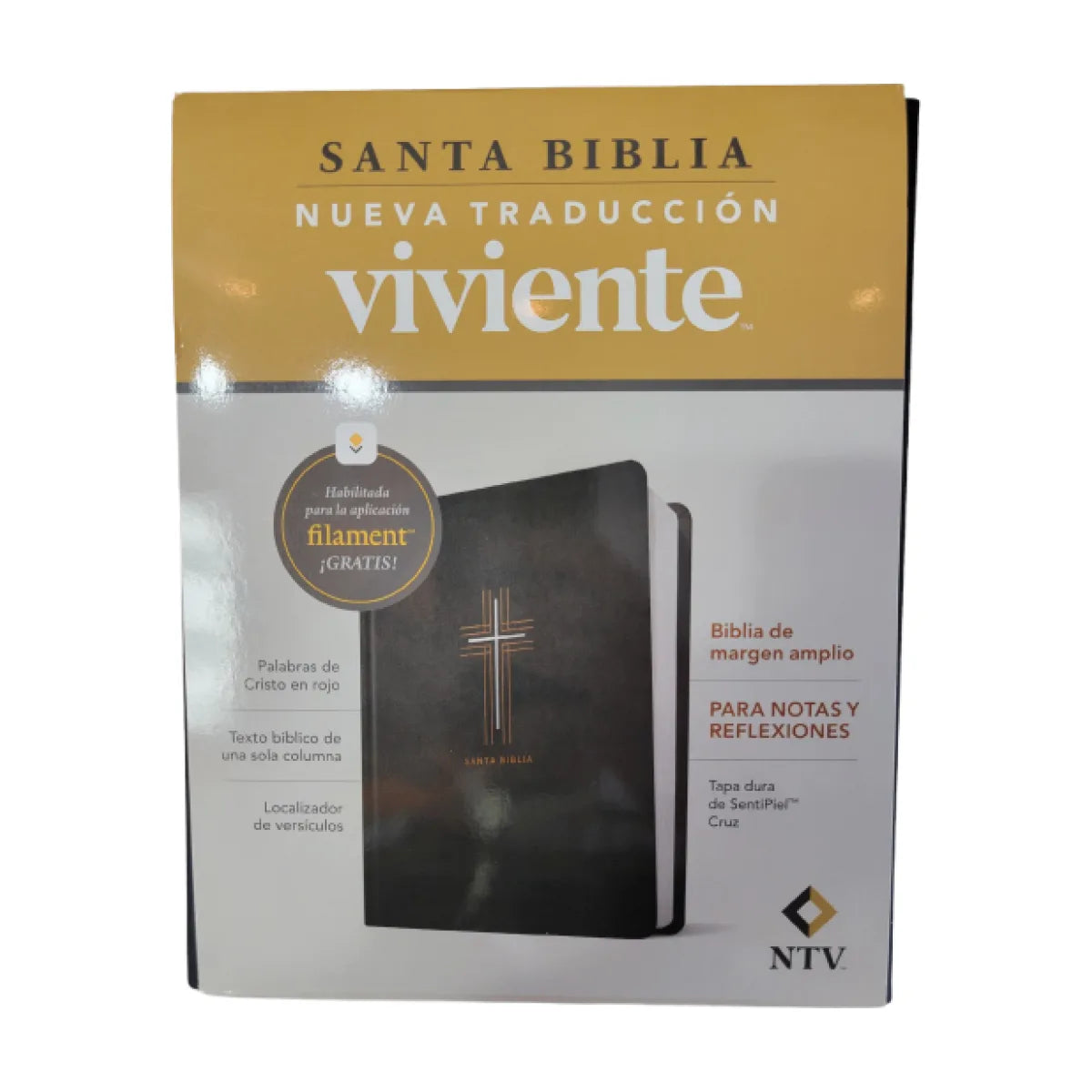 Biblia NTV de margen amplio con tapa dura de SentiPiel y diseño de cruz