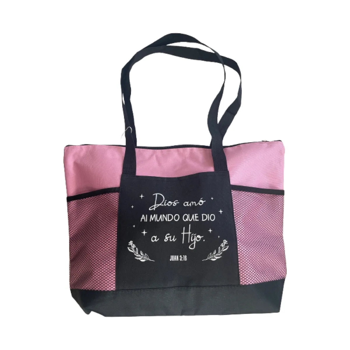 Bulto de color rosa con el texto Juan 3:16 Dios amó al mundo que dio a su hijo