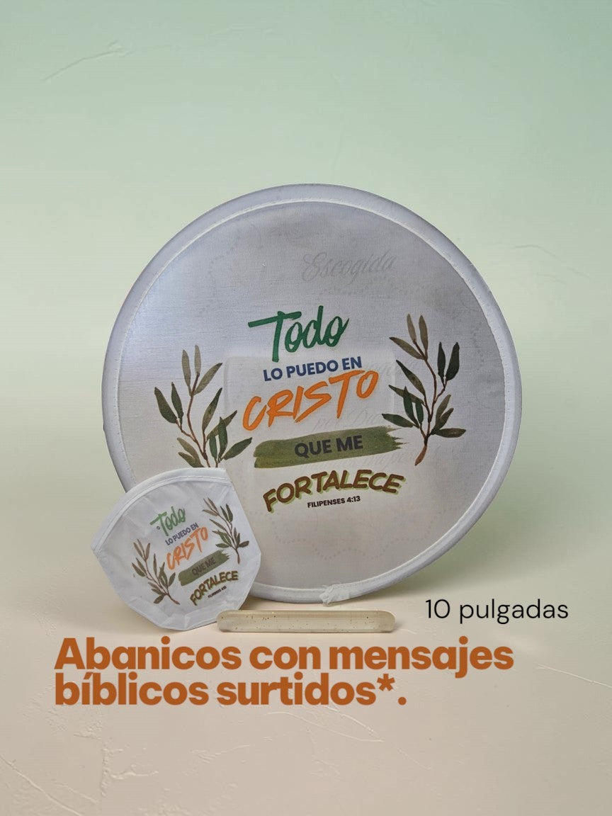 Abanico plegable Libreria Wow de 10 pulgadas con diseño botánico y la cita bíblica Filipenses 4:13 y estuche incluido.