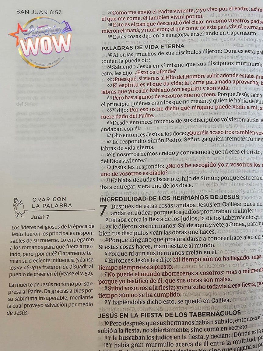 Página de La Biblia Para Orar Edición Reina Valera de Libreria Wow con sección Orar con la Palabra y notas al margen