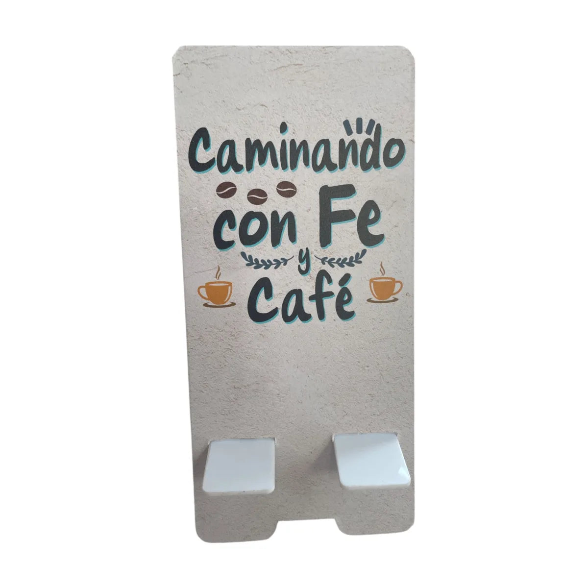 Porta celular con diseño y frase Caminando con fe y café