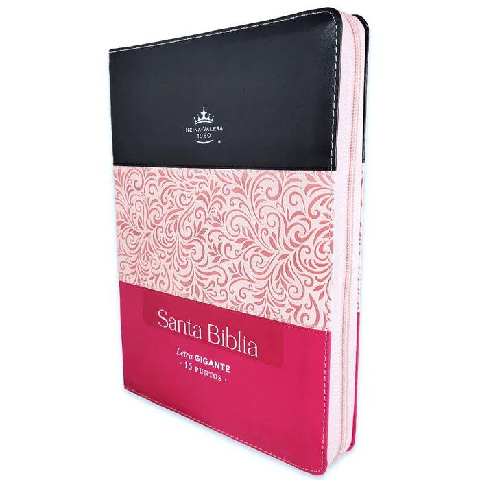 Biblia RVR60 tamaño gigante con cubierta de imitación piel rosa y cenefa clásica, con cierre