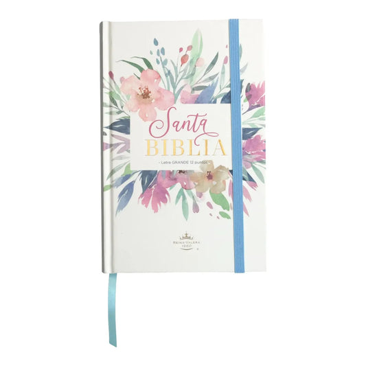 Biblia RVR 1960 con cubierta de flores rosas y cierre de elástico