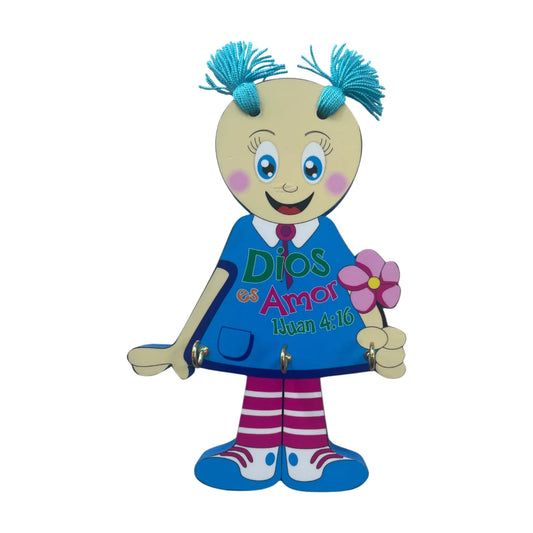 Portallaves con diseño de muñeca azul con el versículo 1 Juan 4:16 Dios es amor