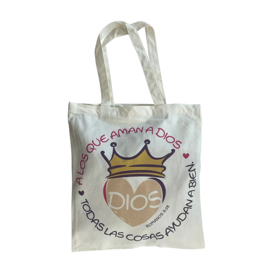 Tote bag con el versículo de Romanos 8:28 impreso