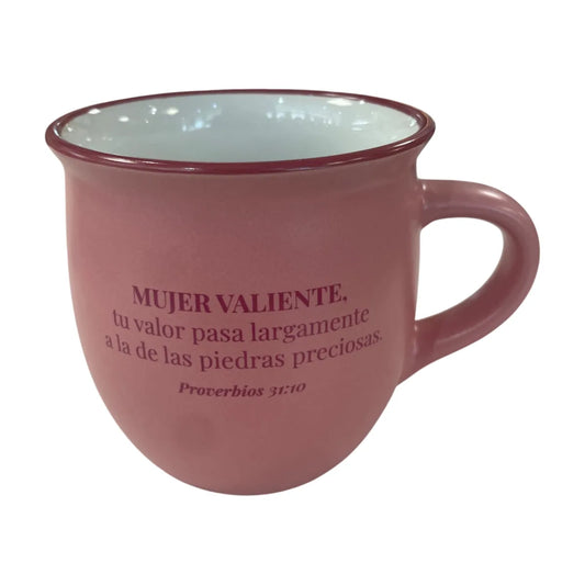 Taza de 12 oz con el texto Mujer Valiente y Proverbios 31:10, Colección Victoria