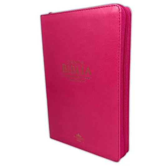 Biblia RVR 1960 de color fucsia con índice lateral y cierre zipper