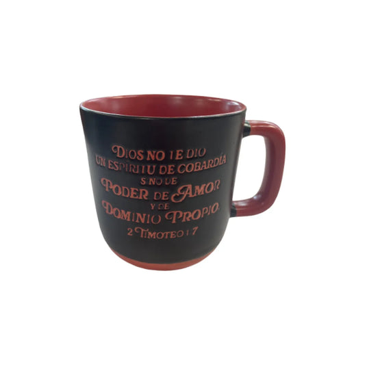 Taza de cerámica negra y roja con el texto bíblico de 2 Timoteo 1:7
