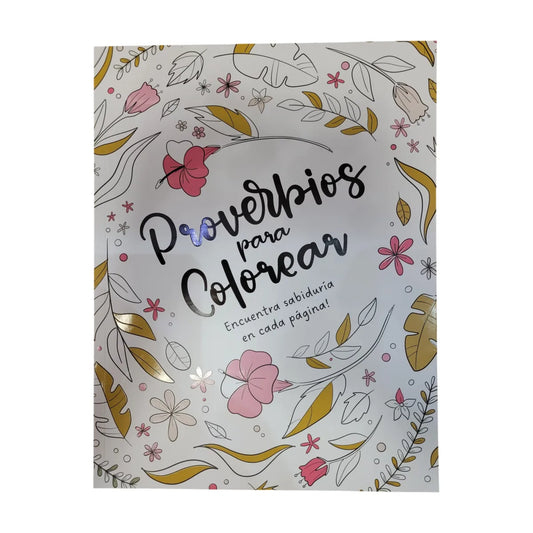 Portada de Proverbios para Colorear con ilustraciones rosas, doradas y negras