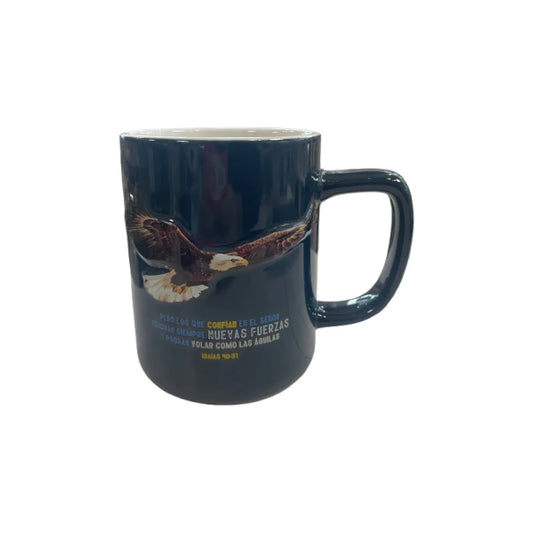 Taza de cerámica azul oscuro con ilustración de águila y versículo de Isaías 40:31