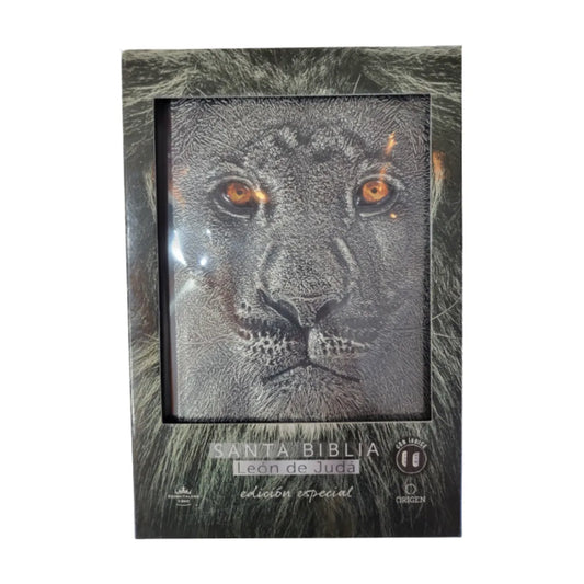 Biblia edición especial León de Judá en tonos gris oscuro y verde con detalles blancos