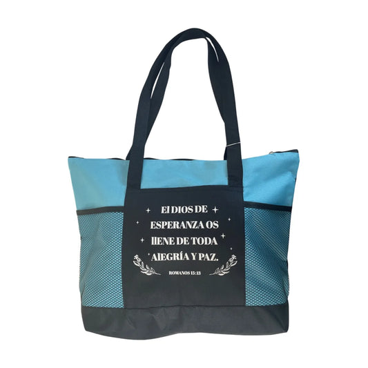 Bolso con la frase bíblica El Dios de Esperanza os llene de toda alegría y paz