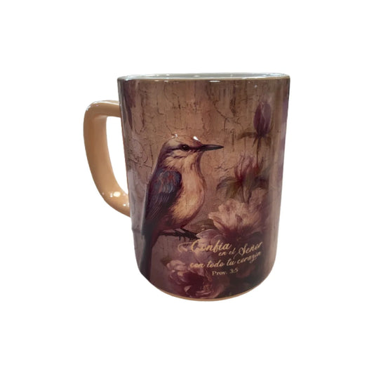 Taza de cerámica marrón y beige con flores, ave y frase de Proverbios 3:5