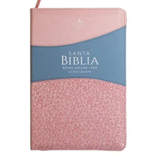 Biblia RVR 1960 de letra grande en colores rosa y azul con cierre zipper e índice