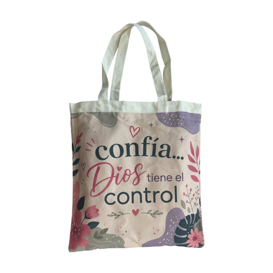 Tote bag con la frase impresa Confía, Dios tiene el control