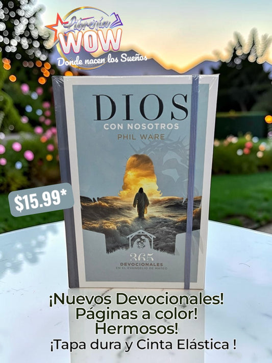 Dios Con Nosotros hardcover devotional book by Phil Ware with elastic closure and full-color pages.