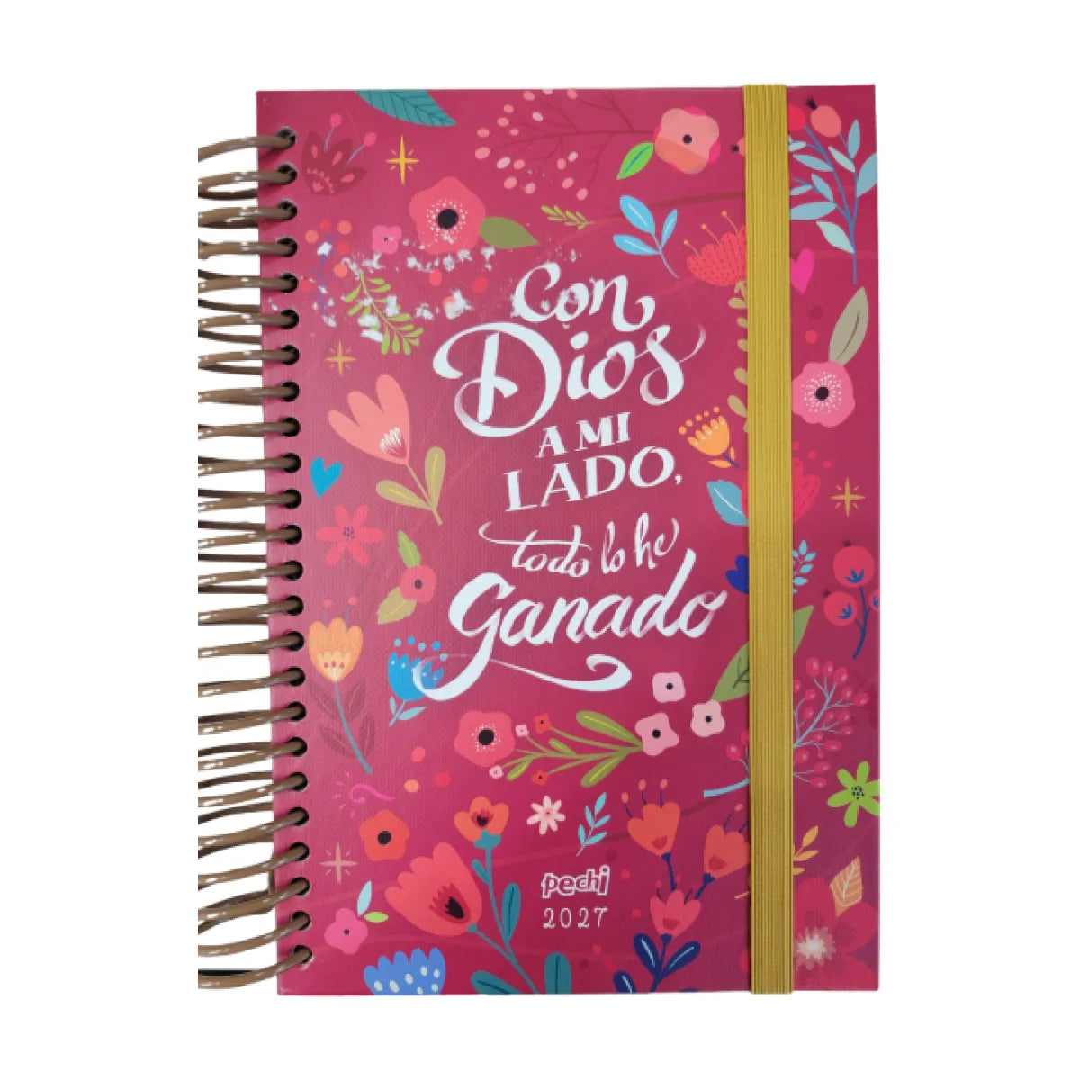 Agenda Pechi 2027 rosa fucsia con ilustraciones florales y banda elástica