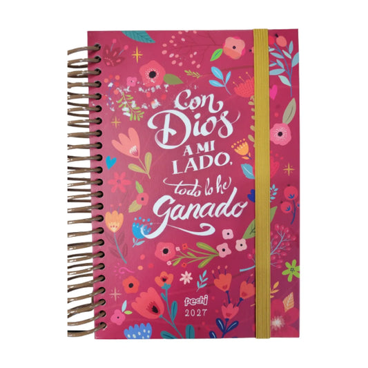 Agenda Pechi 2027 rosa fucsia con ilustraciones florales y banda elástica