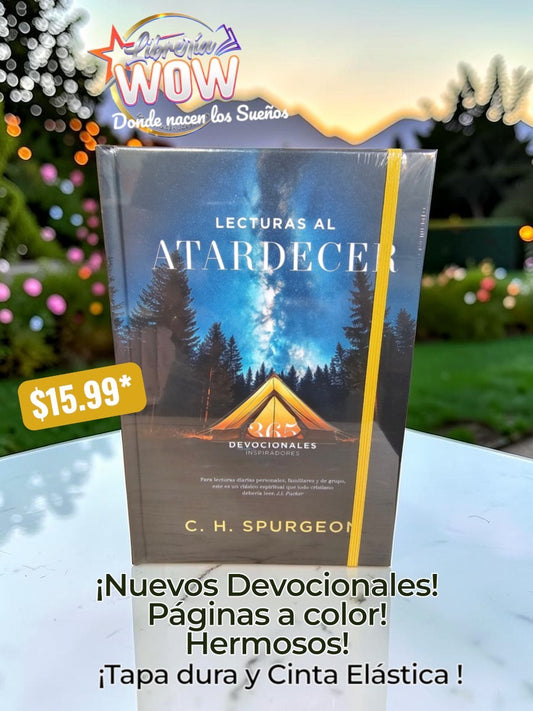 Lecturas al Atardecer hardcover devotional book by C.H. Spurgeon with a yellow elastic band and night sky cover art.