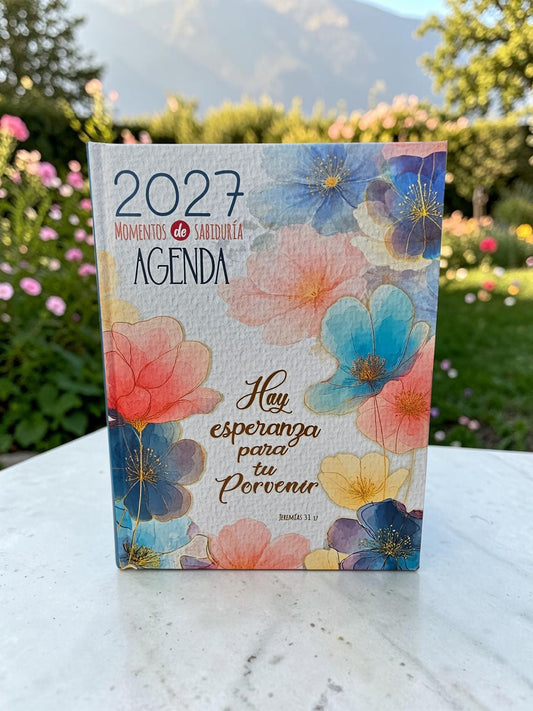 Agenda 2027 Libreria Wow con diseño floral colorido y versículo bíblico sobre fondo de jardín al aire libre