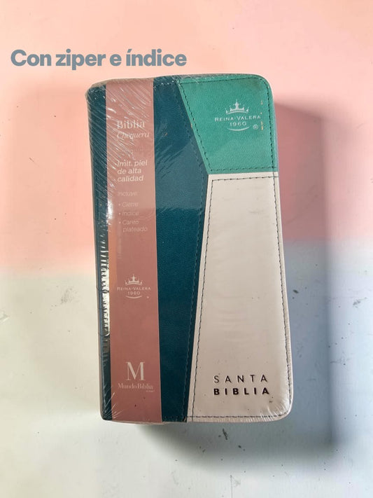 Biblia Reina Valera 1960 Libreria Wow formato chequera con cierre, cubierta de imitación piel geométrica azul y crema.