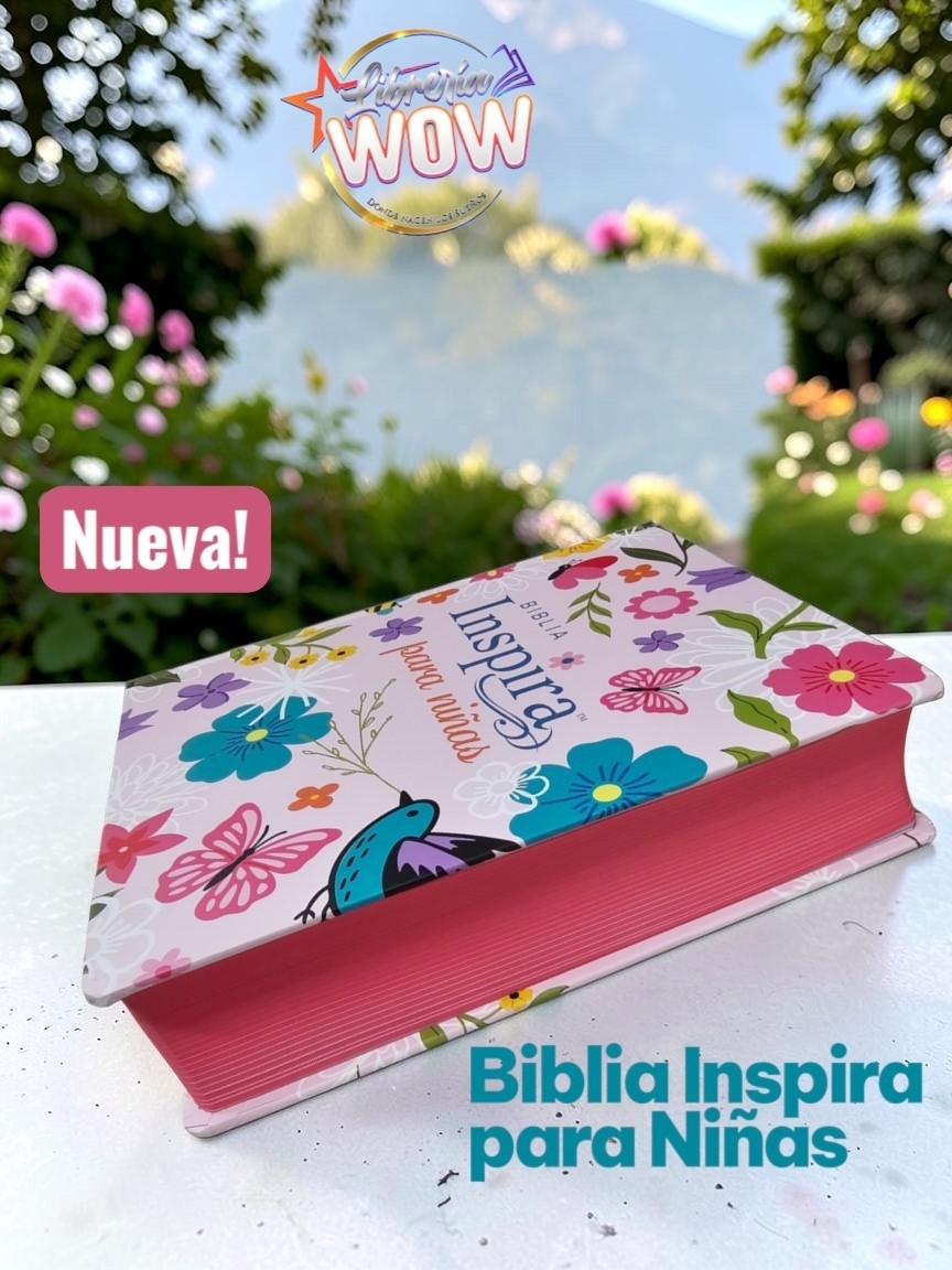 Biblia Inspira para niñas de Libreria Wow con portada floral colorida, mariposas y bordes de página en color rosa.