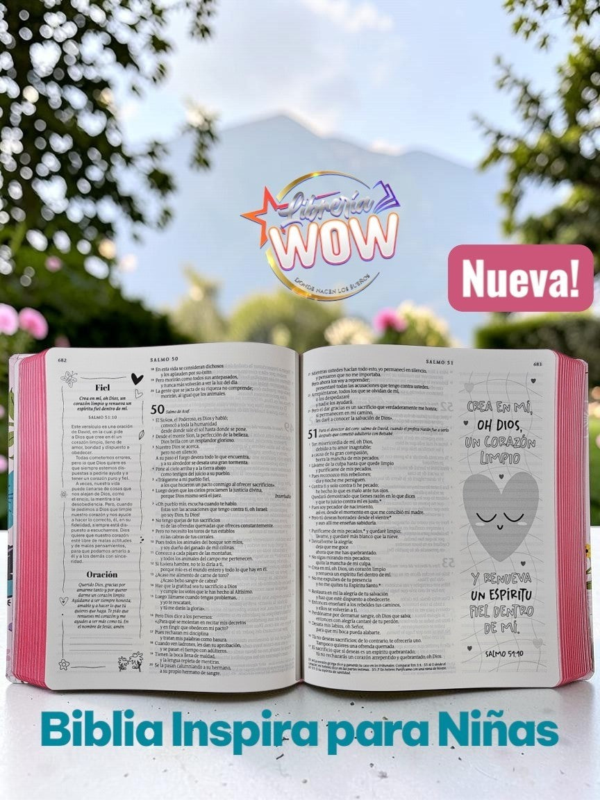 Biblia Inspira para niñas de Libreria Wow con ilustraciones para colorear y márgenes amplios para reflexiones.