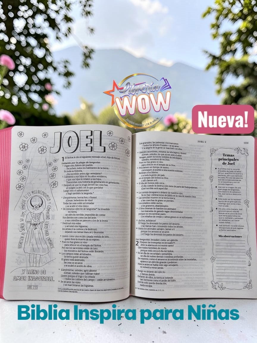 Biblia Inspira para niñas de Libreria Wow abierta en el libro de Joel con ilustraciones para colorear y márgenes