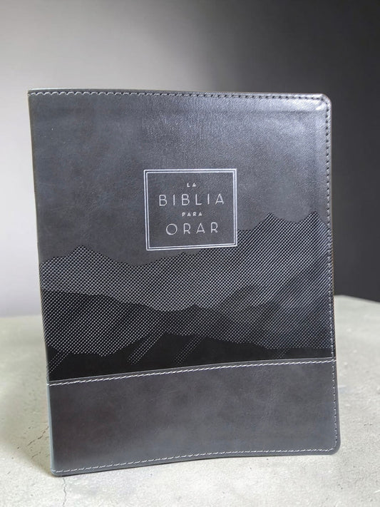 Biblia para Orar Libreria Wow edición Reina Valera con cubierta de cuero sintético gris oscuro y diseño texturizado.