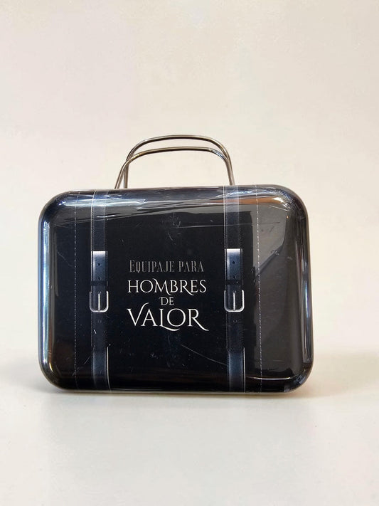 Caja metálica decorativa Libreria Wow estilo maletín vintage negro con asa metálica y diseño de equipaje clásico