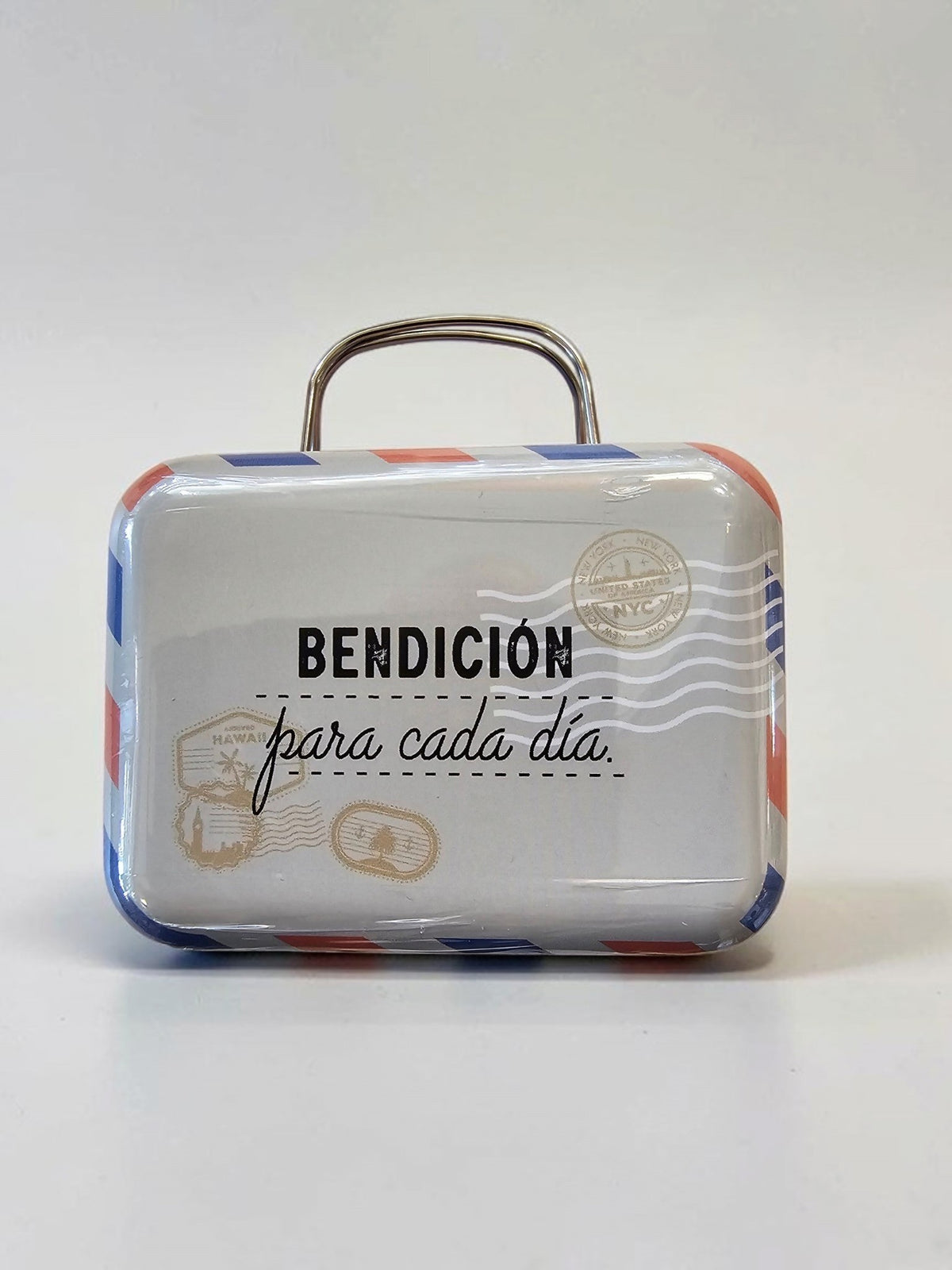 Caja metálica decorativa Libreria Wow estilo maleta vintage con mensaje Bendición para cada día y sellos postales