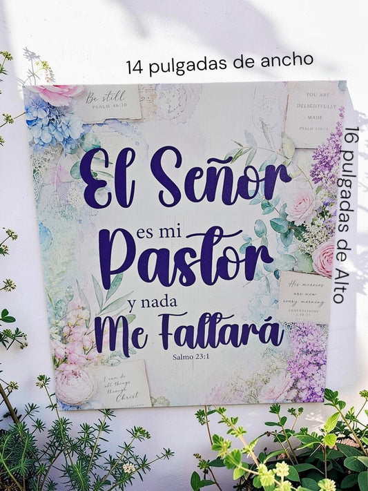 Cuadro decorativo Libreria Wow con diseño floral, versículo bíblico Salmo 23:1 y tipografía elegante en tonos pastel.