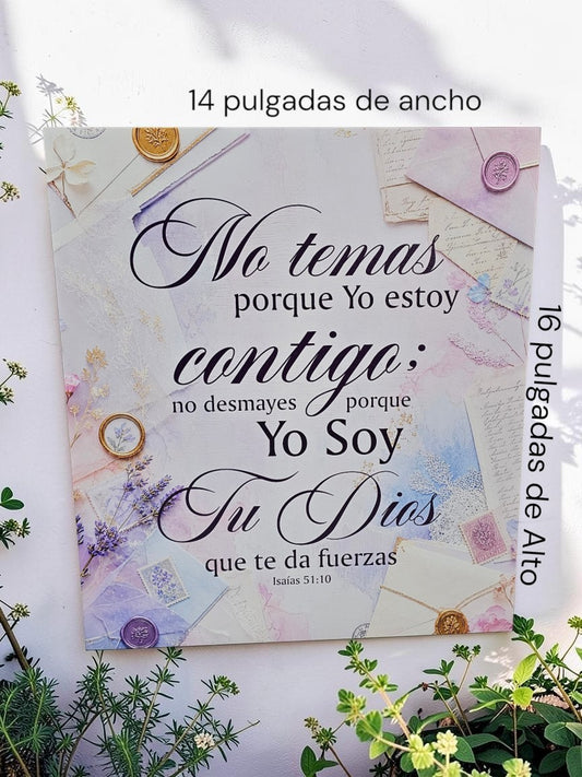 Cuadro decorativo Libreria Wow con versículo bíblico Isaías 41:10, diseño vintage con flores y sobres en tonos pastel.