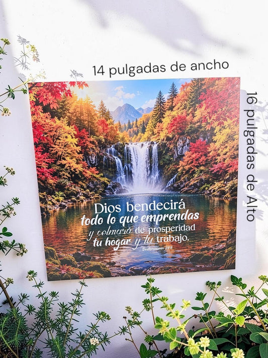 Cuadro decorativo Libreria Wow con paisaje de cascada otoñal y versículo bíblico de Deuteronomio 28:8