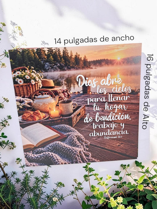Cuadro decorativo Libreria Wow con paisaje de picnic al amanecer y mensaje inspirador de bendición sobre fondo blanco.