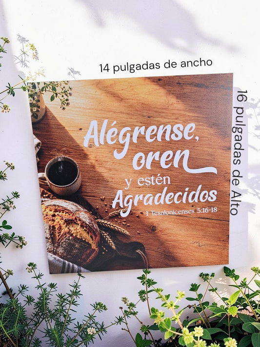 Cuadro decorativo Libreria Wow con versículo bíblico 1 Tesalonicenses 5:16-18 sobre fondo de madera rústica