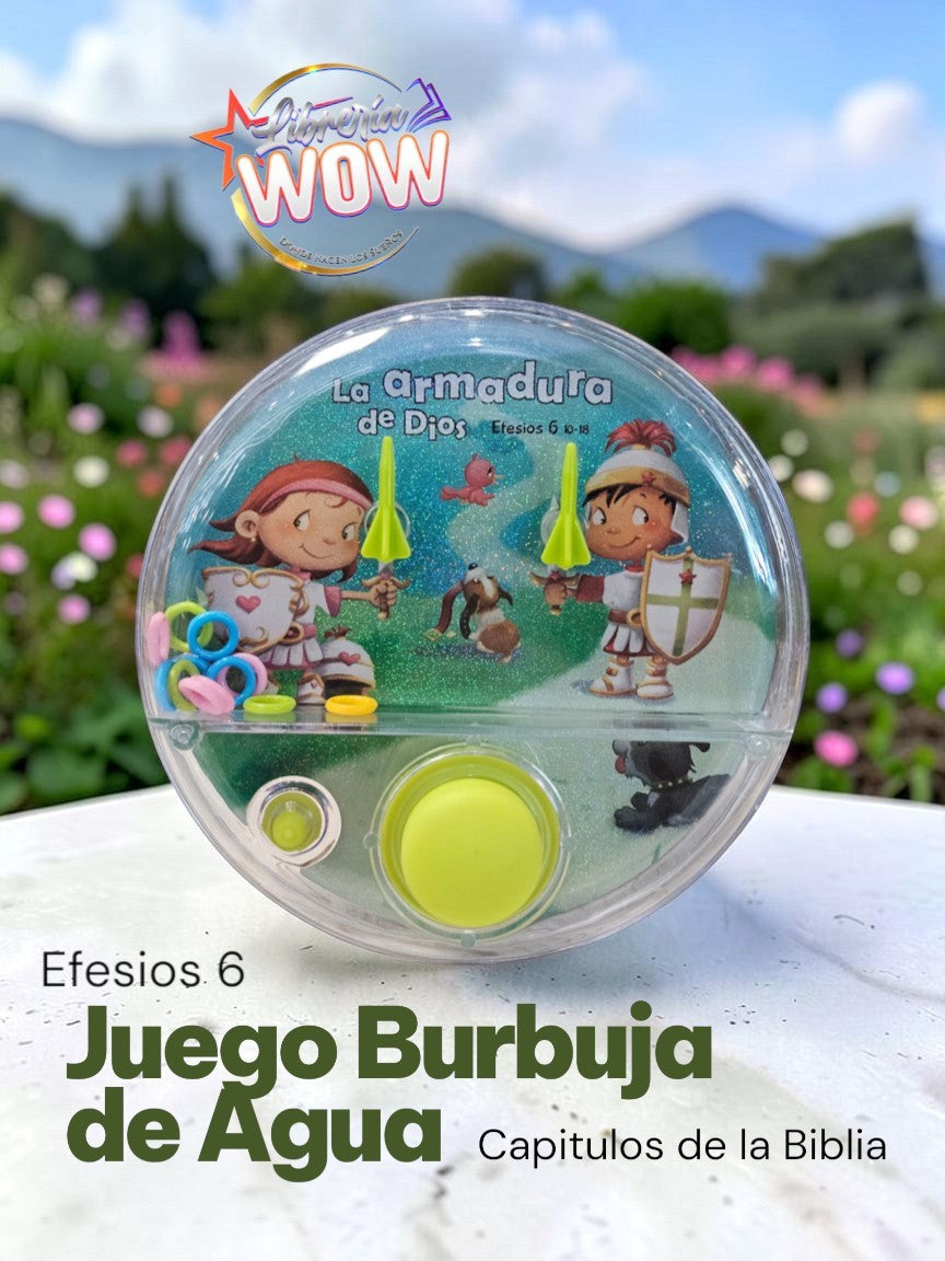 Juego de burbuja de agua Libreria Wow con diseño de La Armadura de Dios y niños guerreros para aprendizaje bíblico
