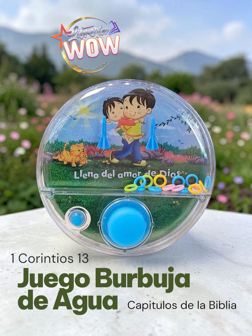 Juego de burbuja de agua Libreria Wow con ilustración infantil y mensaje bíblico sobre el amor de Dios