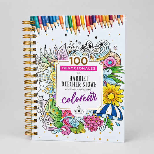 Libro de 100 devocionales para colorear de Libreria Wow con encuadernación en espiral dorada e ilustraciones florales.