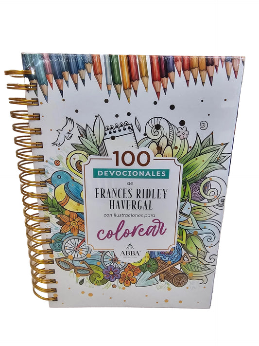 Libro de 100 devocionales de Libreria Wow con ilustraciones para colorear y encuadernación en espiral dorada.