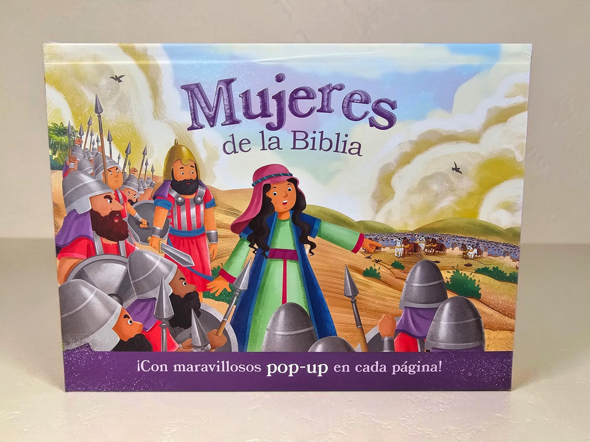 Libro ilustrado Mujeres de la Biblia de Libreria Wow con coloridas escenas de batalla y elementos pop-up interactivos
