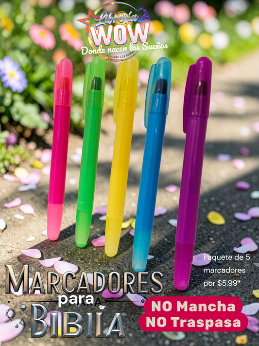 Set de 5 marcadores Libreria Wow de colores translúcidos para Biblia, diseño ergonómico que no traspasa el papel.