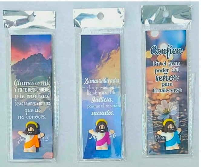 Libreria Wow marcapáginas cristianos con versículos bíblicos y figura de Jesús en relieve sobre fondo de paisajes