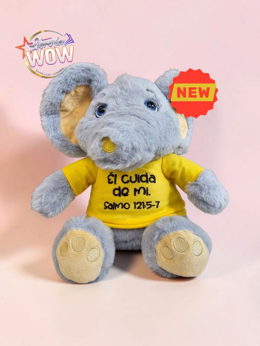 Peluche de elefante gris Libreria Wow con camiseta amarilla personalizada y mensaje bíblico de fe