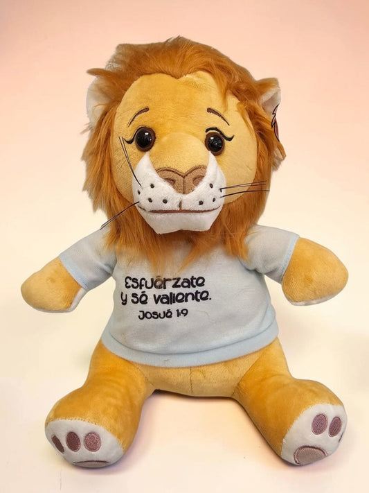 Peluche de león Libreria Wow con camiseta que dice Esfuérzate y sé valiente Josué 1:9, suave y tierno para niños.