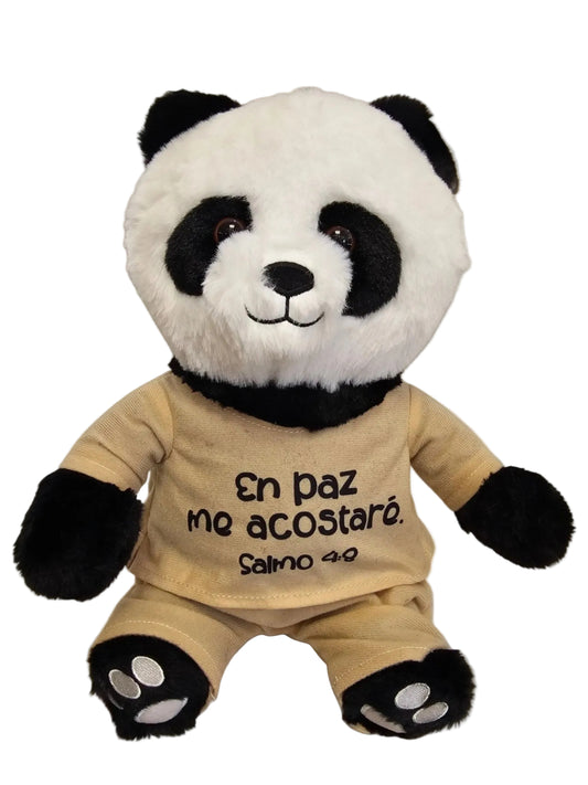 Peluche de oso panda Libreria Wow con camiseta color arena y la cita biblica En paz me acostare Salmo 4:9