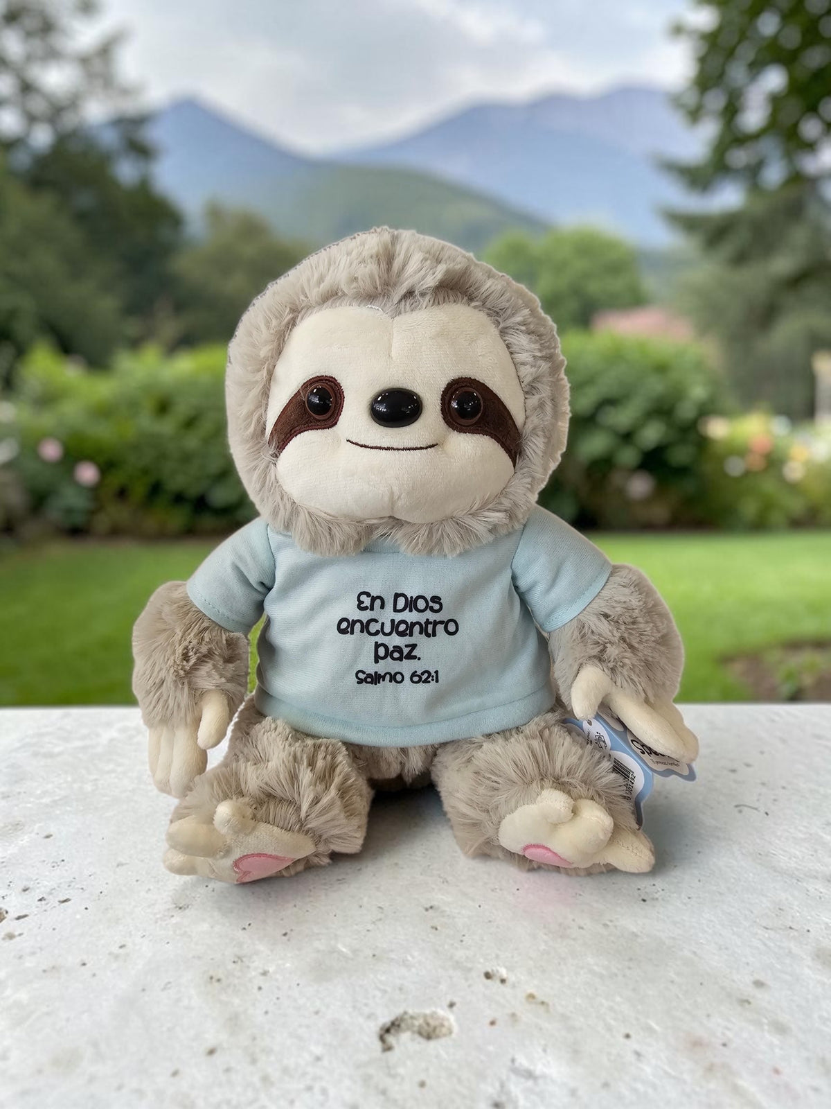 Peluche de perezoso Libreria Wow con pelaje suave color tierra y camiseta azul claro con mensaje cristiano inspirador