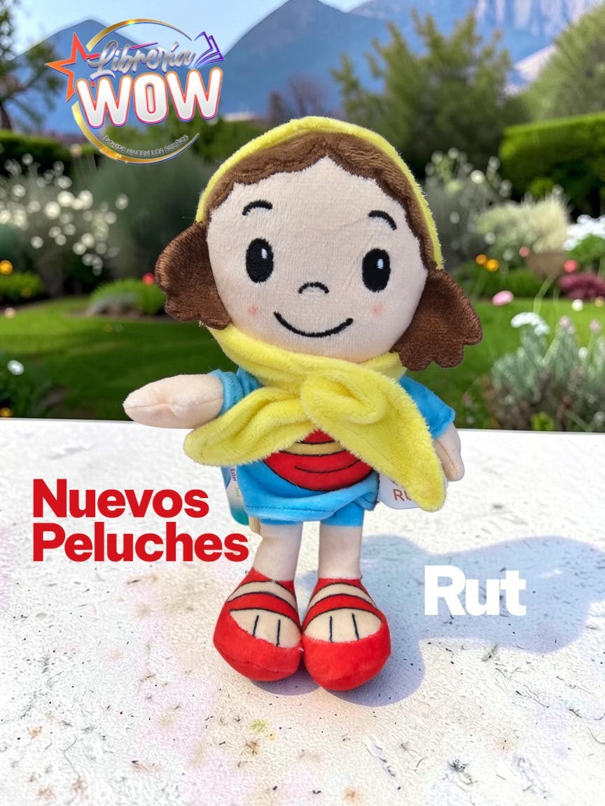 Peluche de Rut de Libreria Wow con vestido azul, pañuelo amarillo y sandalias rojas, diseño suave y educativo.