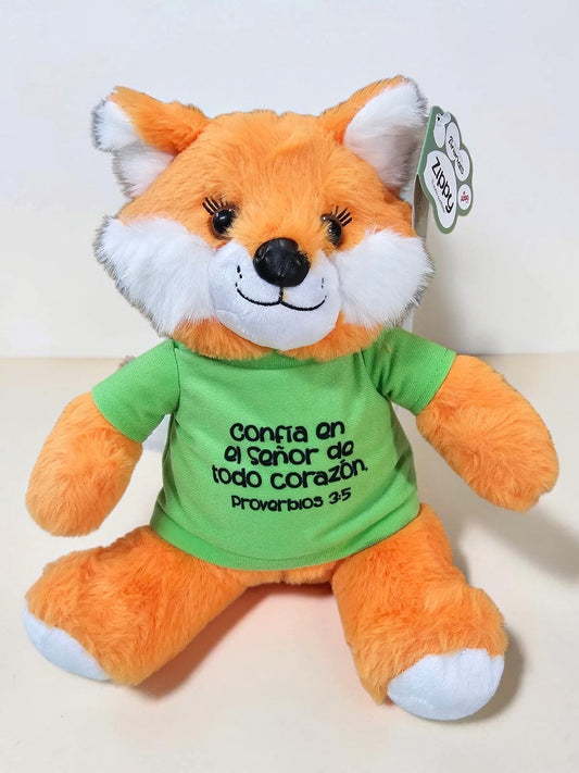 Peluche de zorro naranja Libreria Wow con camiseta verde y mensaje bíblico de Proverbios 3:5 para niños