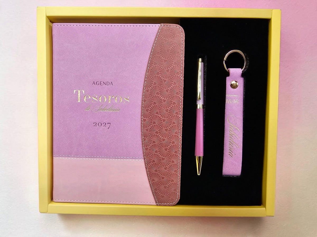 Set de regalo Libreria Wow con agenda 2027 rosa y malva, bolígrafo metálico y llavero de cuero sintético a juego.